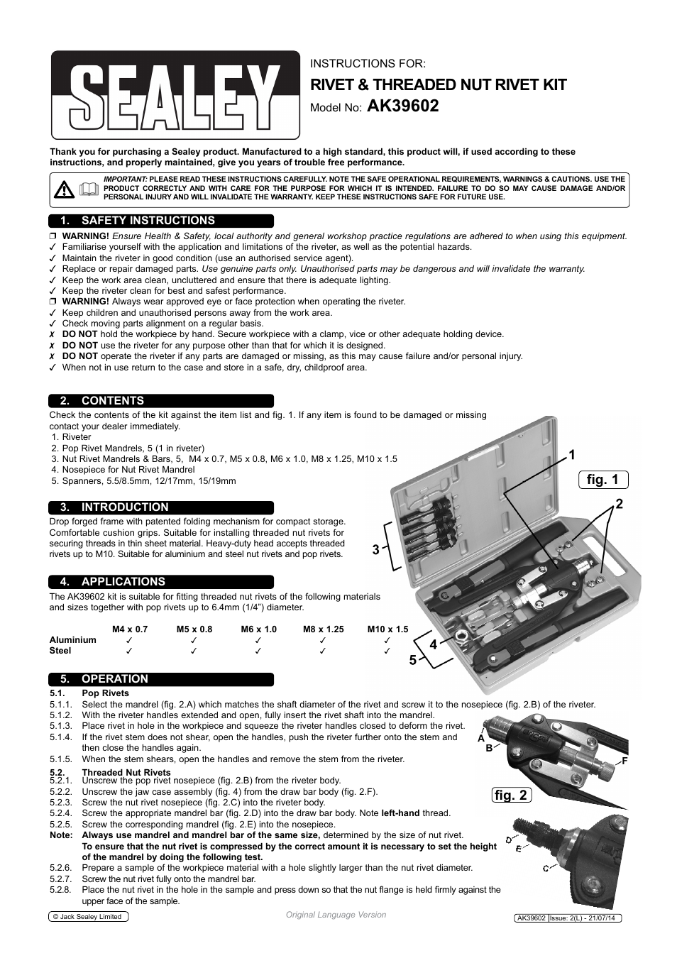 Sealey AK39602 User Manual | 2 pages