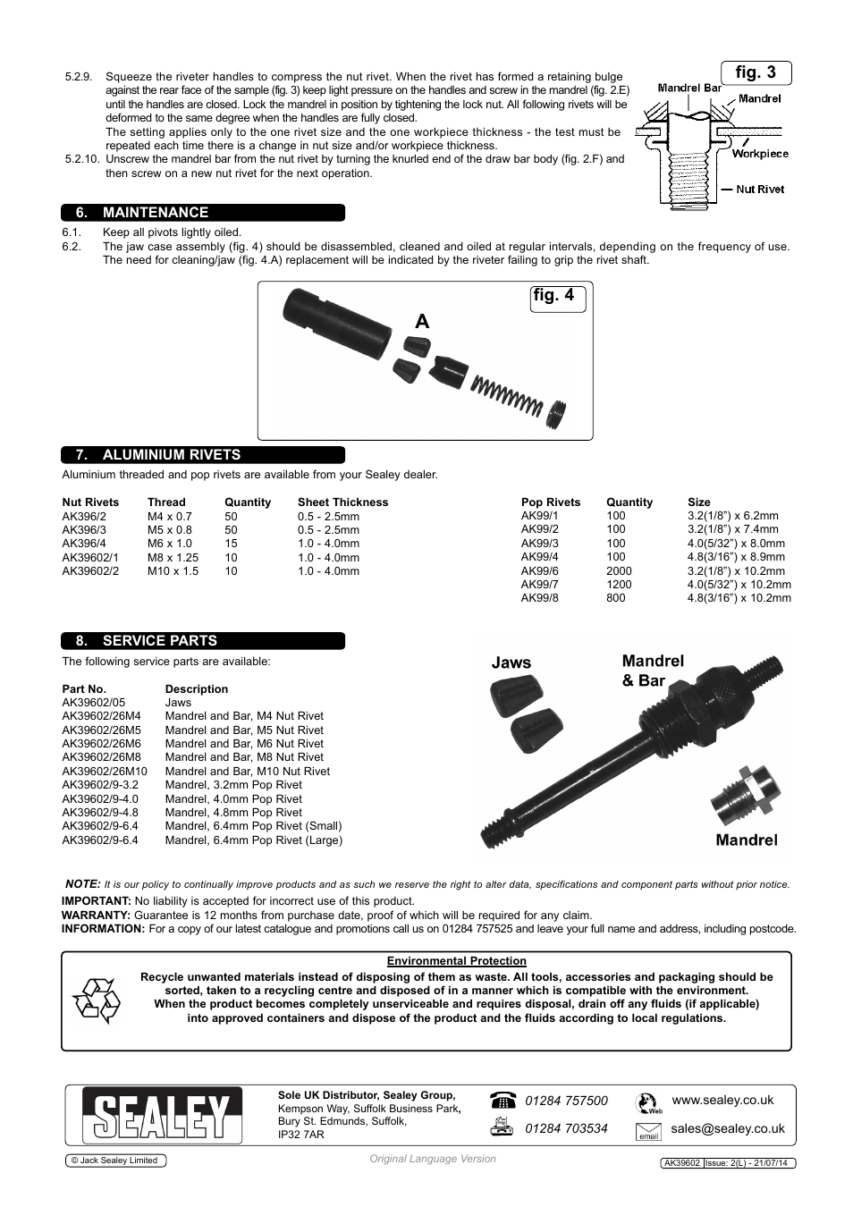 Fig. 3, Fig. 4, Aluminium rivets 8. service parts | Maintenance | Sealey AK39602 User Manual | Page 2 / 2