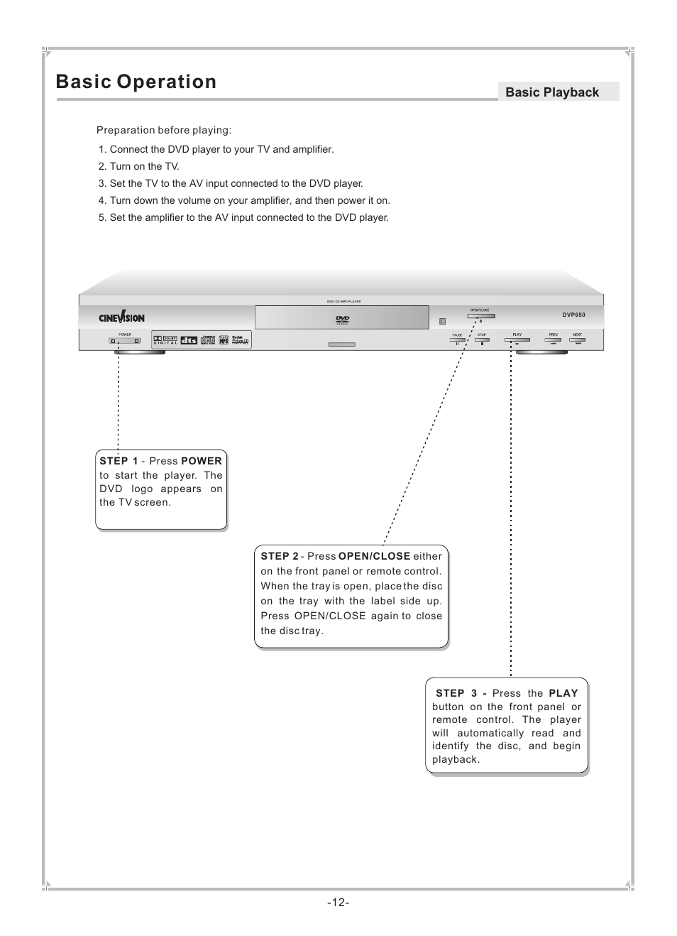 Basic operation, Basic playback | Dolby Laboratories DVP650 User Manual | Page 13 / 35