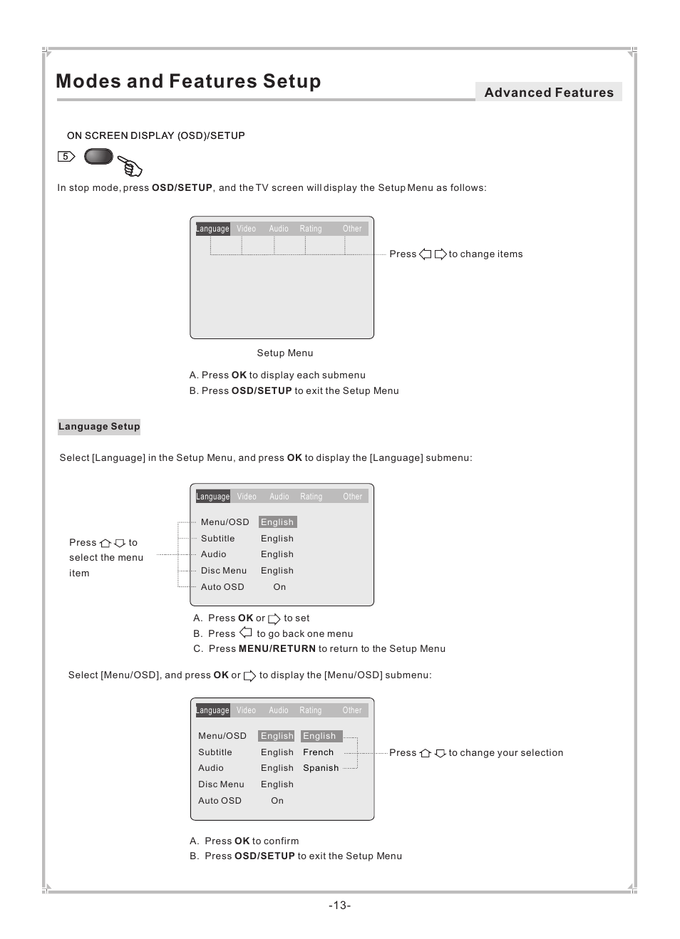 Modes and features setup, Advanced features | Dolby Laboratories DVP650 User Manual | Page 14 / 35