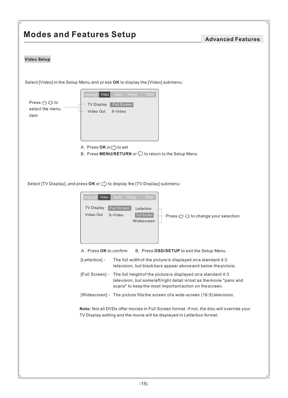 Modes and features setup, Advanced features | Dolby Laboratories DVP650 User Manual | Page 16 / 35