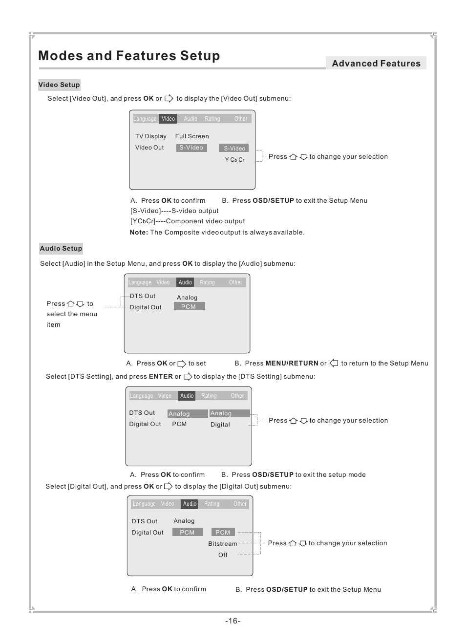Modes and features setup, Advanced features | Dolby Laboratories DVP650 User Manual | Page 17 / 35