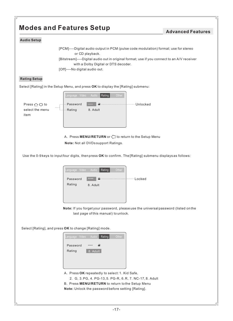 Modes and features setup, Advanced features | Dolby Laboratories DVP650 User Manual | Page 18 / 35