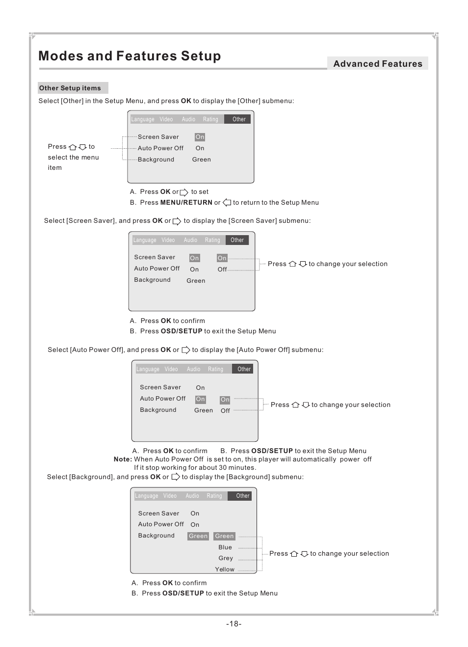 Modes and features setup, Advanced features | Dolby Laboratories DVP650 User Manual | Page 19 / 35