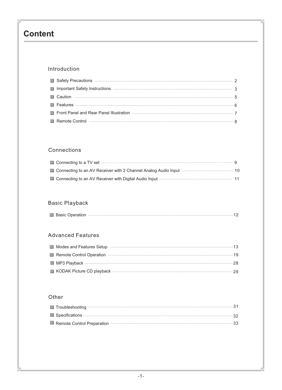 Content | Dolby Laboratories DVP650 User Manual | Page 2 / 35