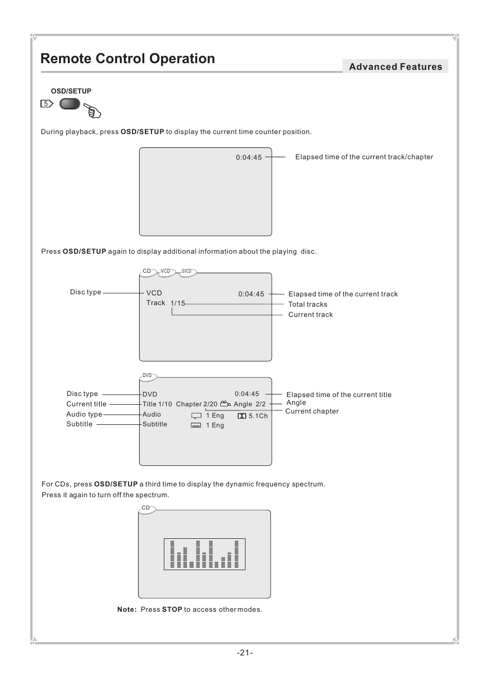 Remote control operation, Advanced features | Dolby Laboratories DVP650 User Manual | Page 22 / 35