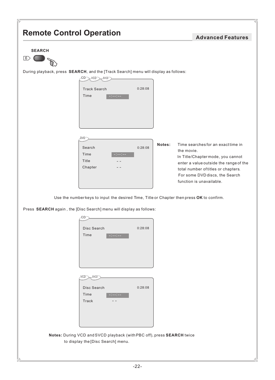Remote control operation, Advanced features | Dolby Laboratories DVP650 User Manual | Page 23 / 35
