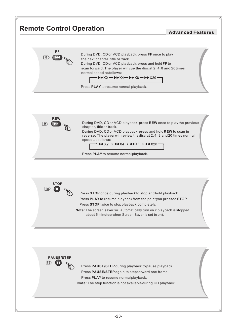 Remote control operation, Advanced features | Dolby Laboratories DVP650 User Manual | Page 24 / 35