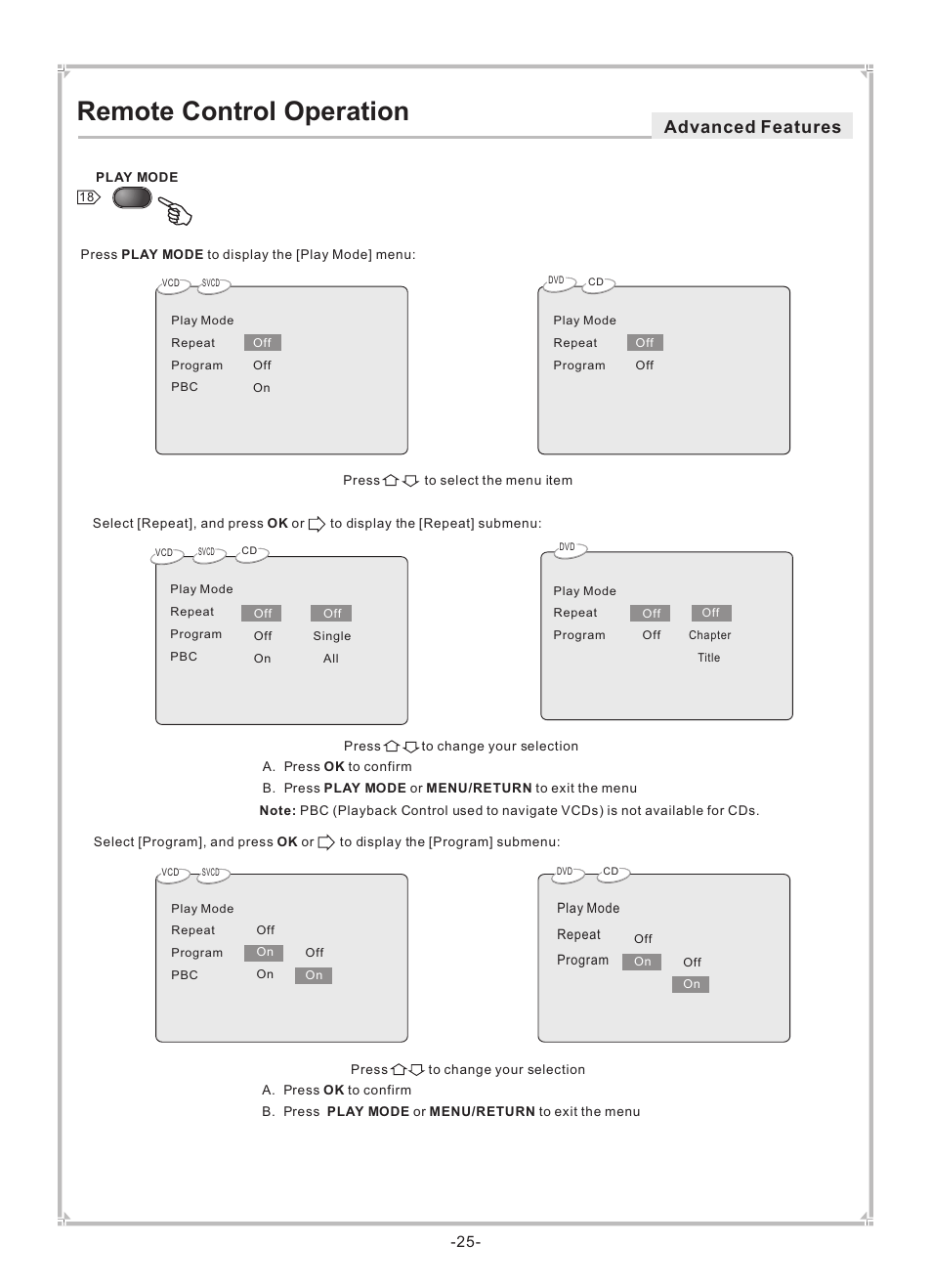 Remote control operation, Advanced features | Dolby Laboratories DVP650 User Manual | Page 26 / 35