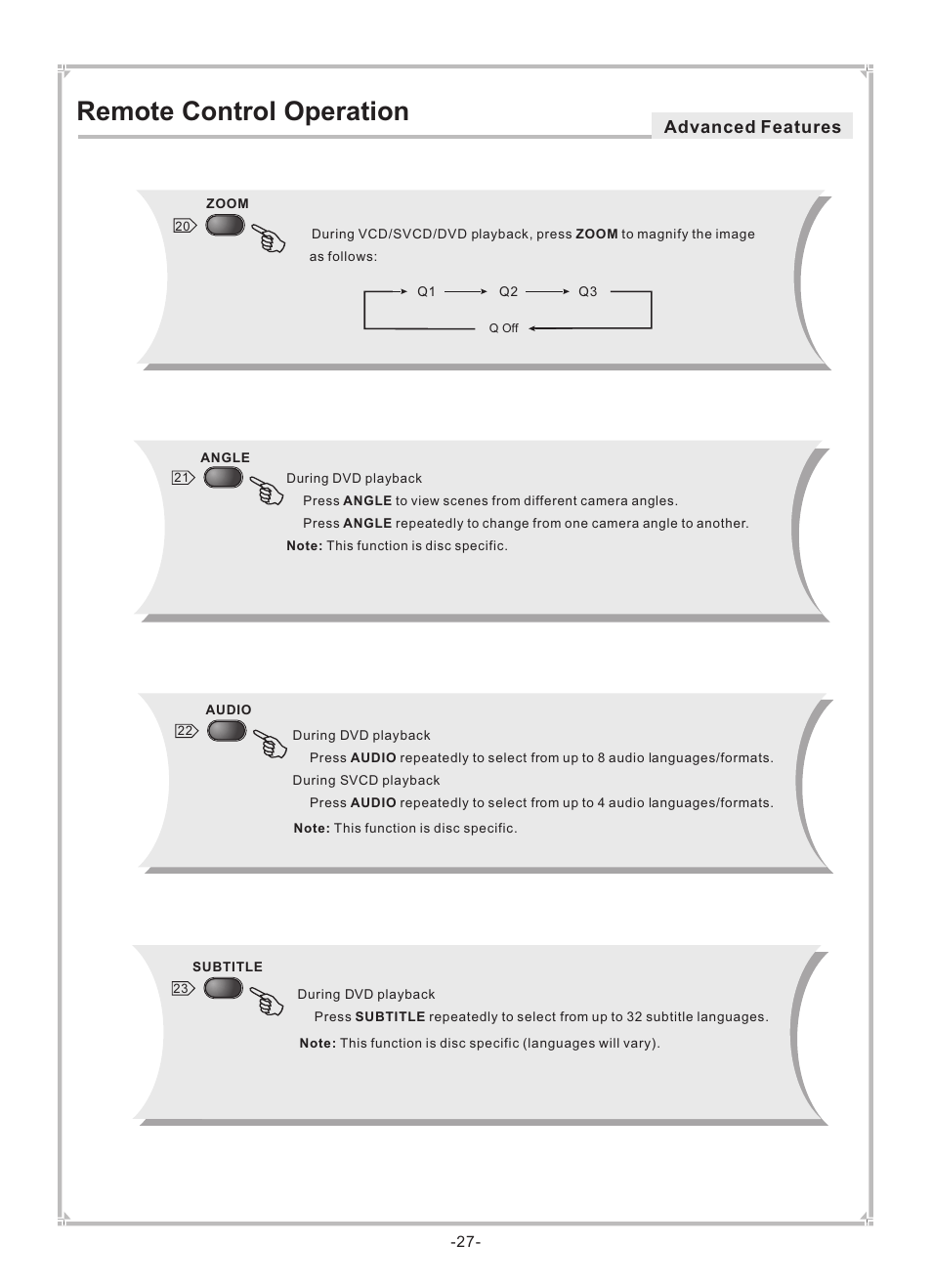 Remote control operation, Advanced features | Dolby Laboratories DVP650 User Manual | Page 28 / 35