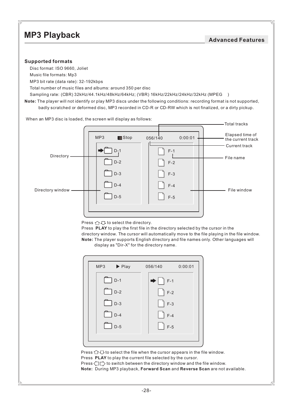 Mp3 playback, Advanced features | Dolby Laboratories DVP650 User Manual | Page 29 / 35