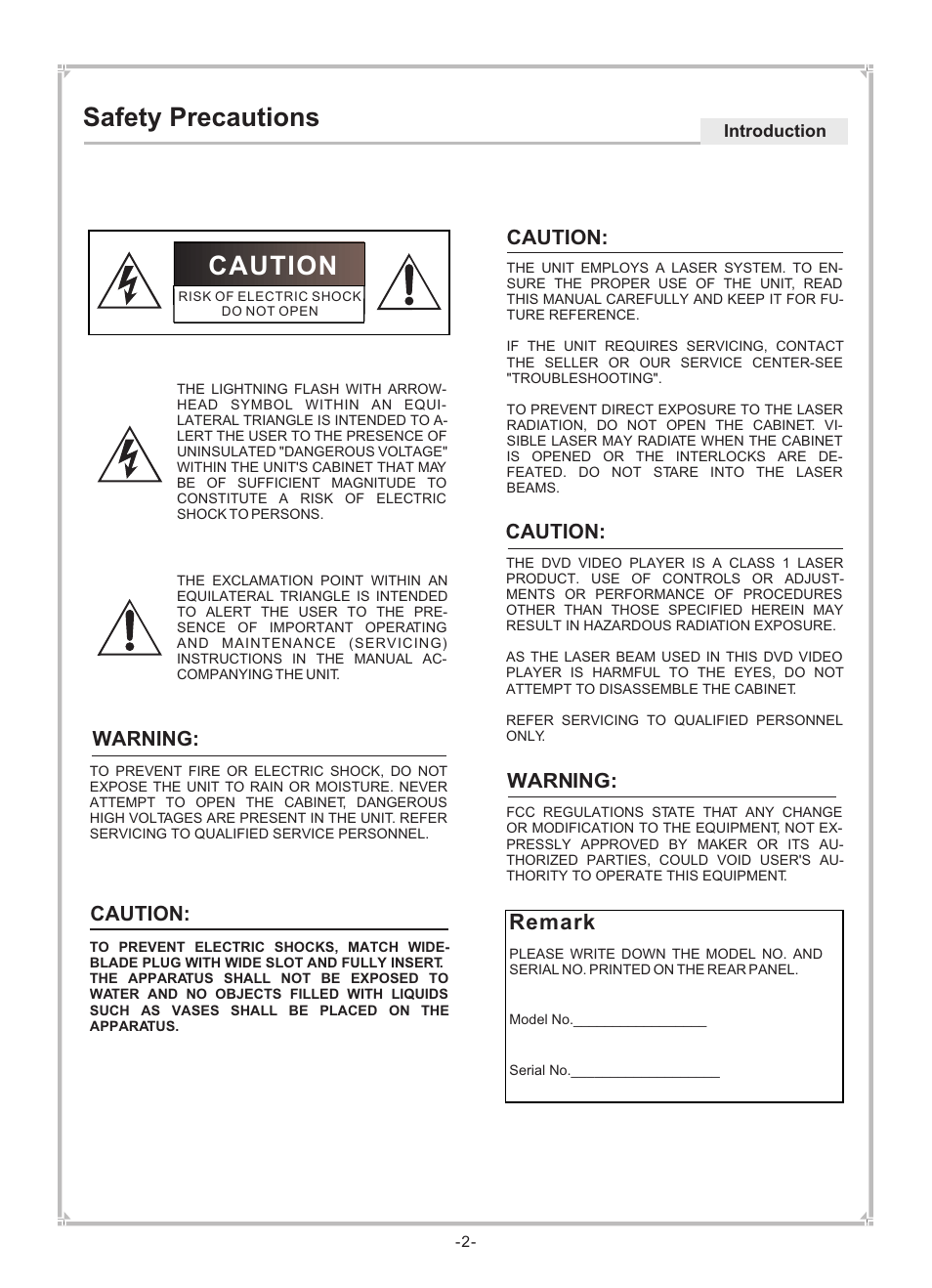 Safety precautions, Remark, Warning | Caution, Caution: warning | Dolby Laboratories DVP650 User Manual | Page 3 / 35