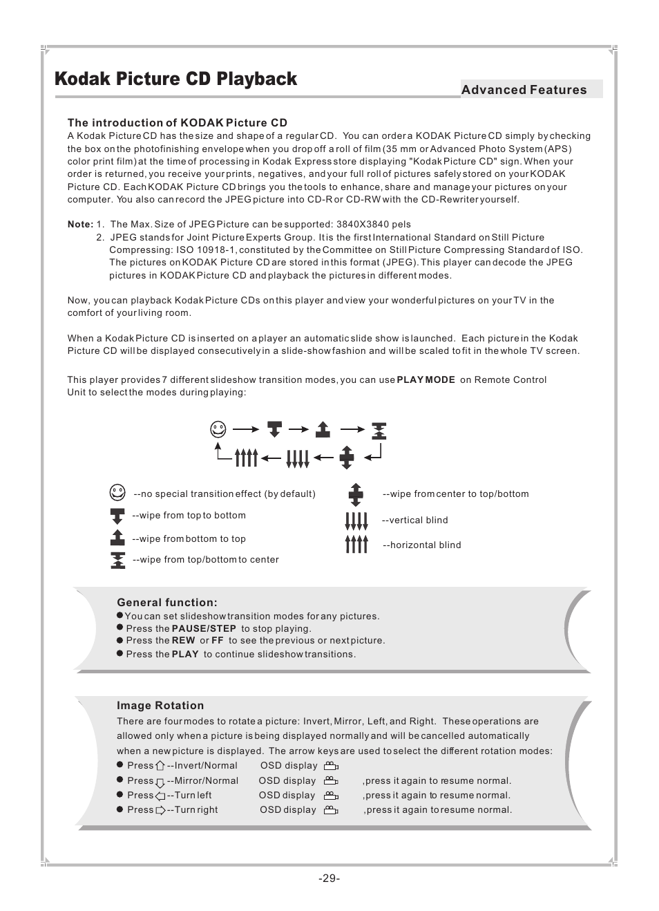 Kodak picture cd playback, Advanced features | Dolby Laboratories DVP650 User Manual | Page 30 / 35