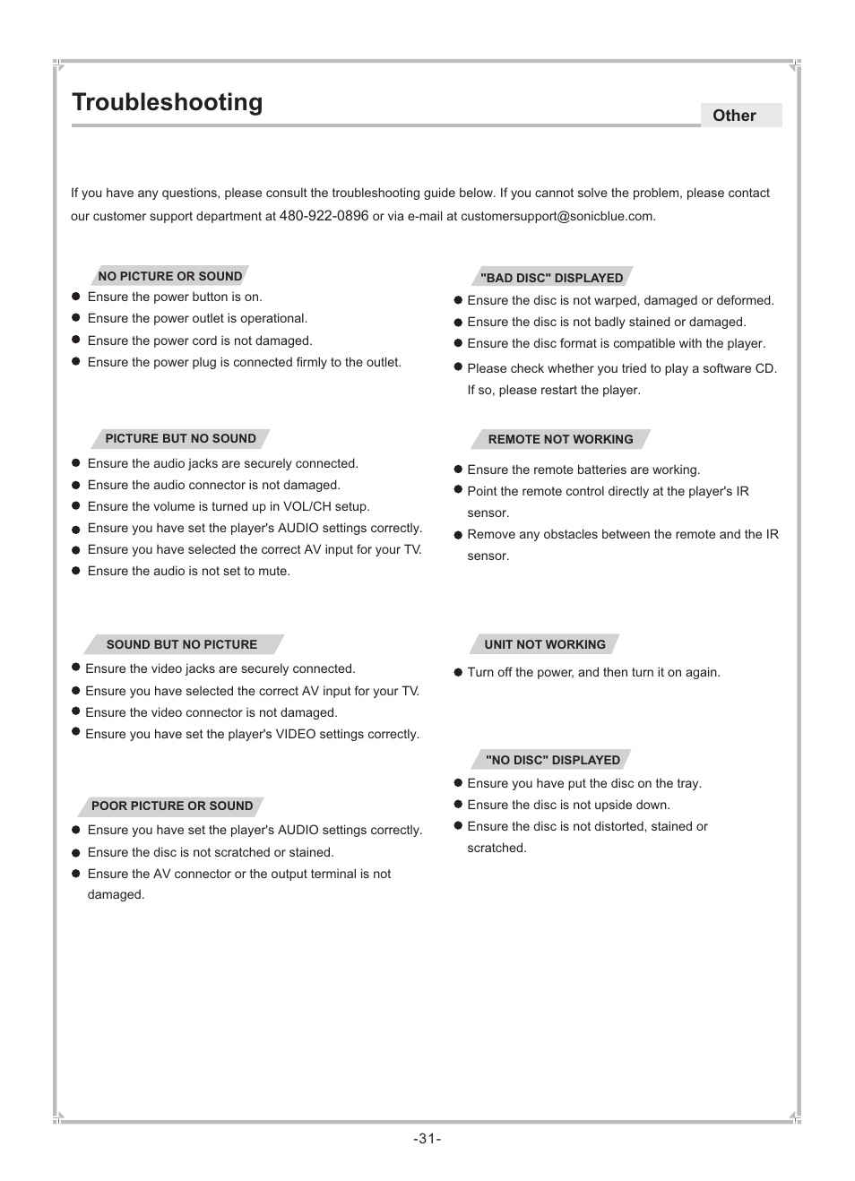 Troubleshooting, Other | Dolby Laboratories DVP650 User Manual | Page 32 / 35