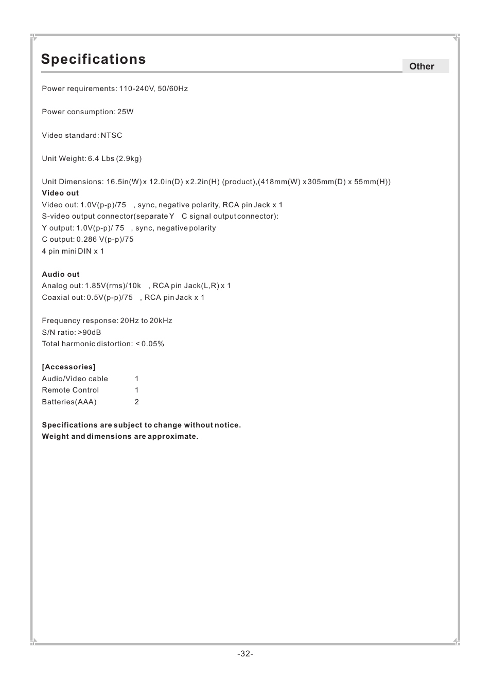 Specifications, Other | Dolby Laboratories DVP650 User Manual | Page 33 / 35