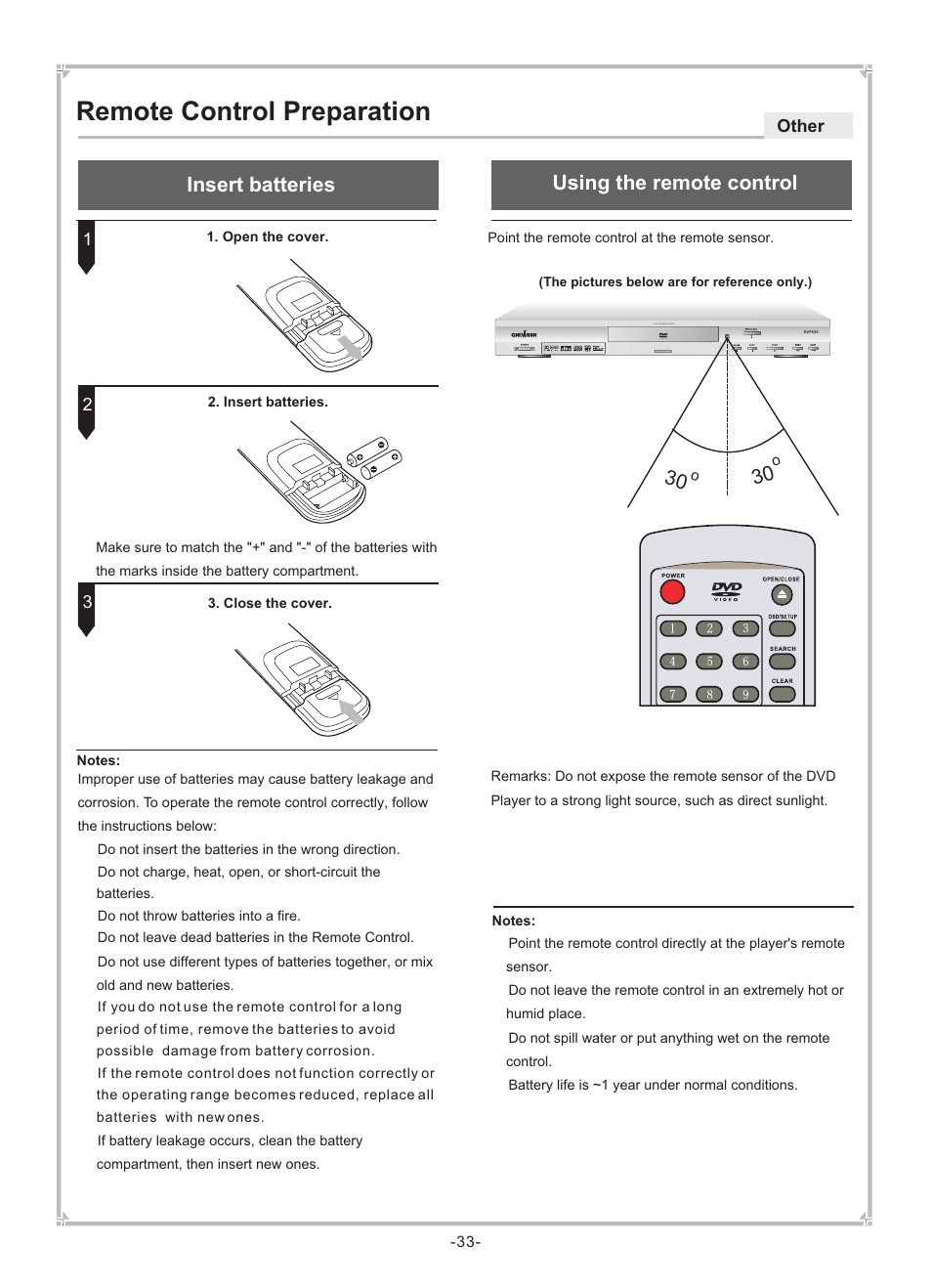 Remote control preparation, Insert batteries using the remote control | Dolby Laboratories DVP650 User Manual | Page 34 / 35