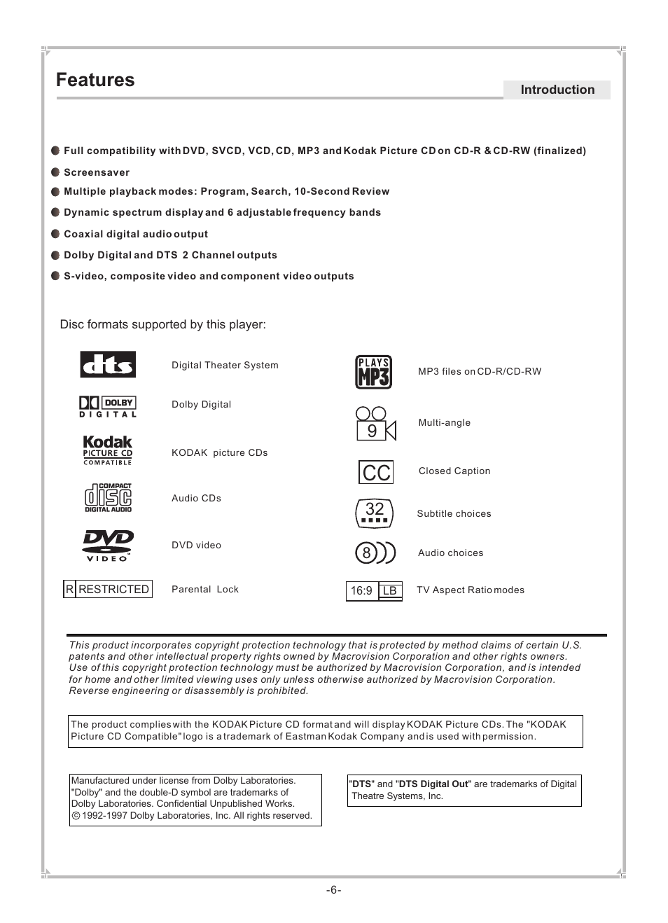 Features | Dolby Laboratories DVP650 User Manual | Page 7 / 35