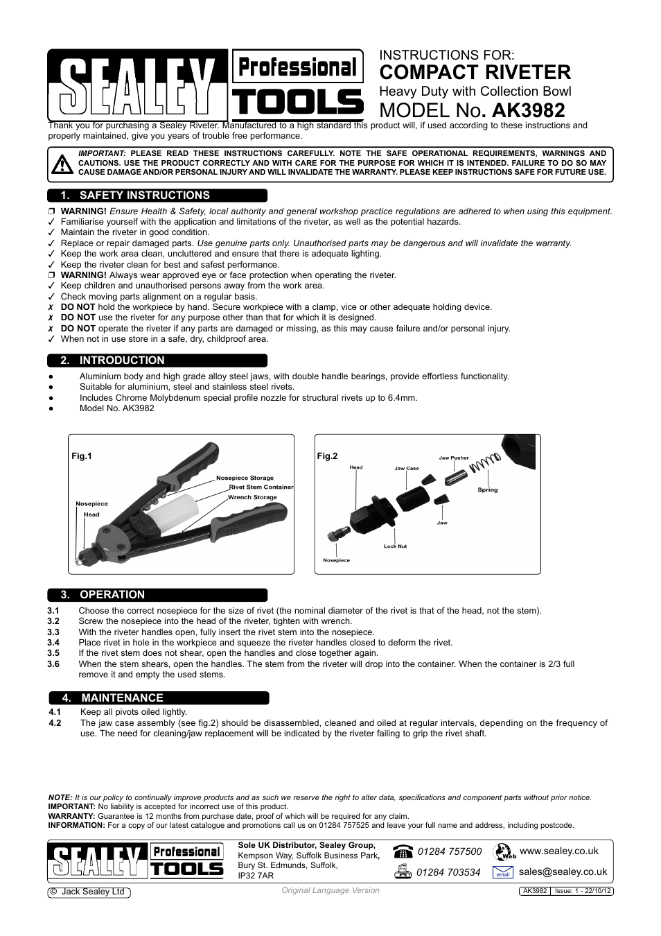 Sealey AK3982 User Manual | 1 page