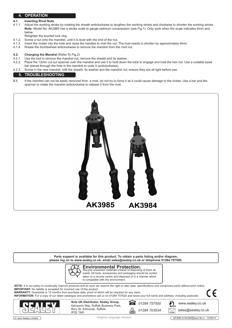 Environmental protection, 4 . operation 5 . troubleshooting | Sealey AK3984 User Manual | Page 2 / 3