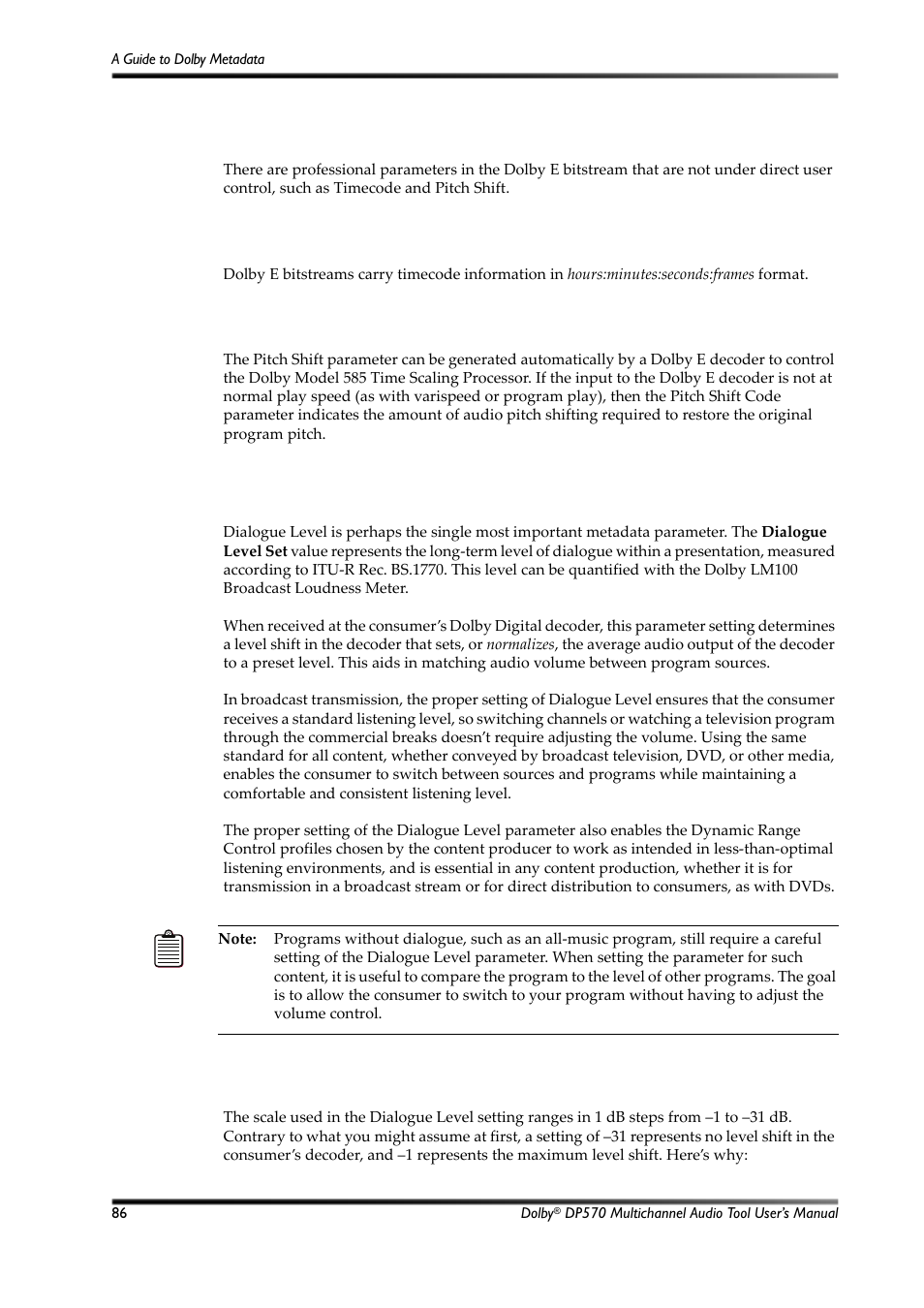 D.2 dialogue level, Section d.2, Dialogue level | Dolby Laboratories Multichannel Audio Tool DP570 User Manual | Page 102 / 123