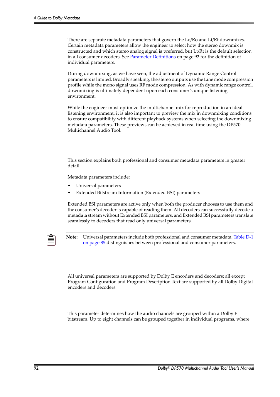 D.6 parameter definitions, D.6.1 universal parameters, Individual parameters | Dolby Laboratories Multichannel Audio Tool DP570 User Manual | Page 108 / 123