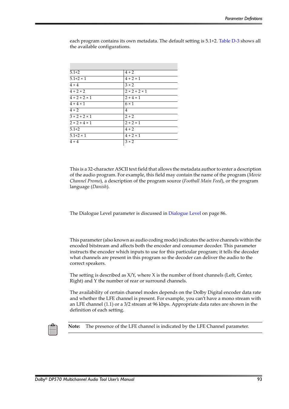 Table d-3, Program configuration settings, Table d‐3 | Dolby Laboratories Multichannel Audio Tool DP570 User Manual | Page 109 / 123