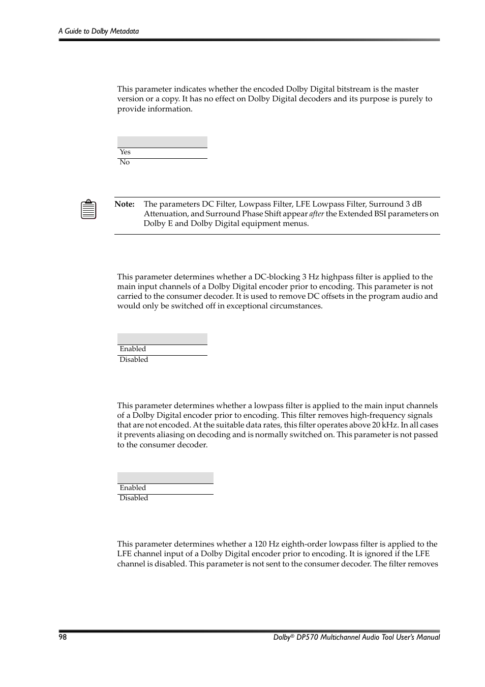 Table d-15, Original bitstream settings, Table d-16 | Dc filter settings, Table d-17, Lowpass filter settings | Dolby Laboratories Multichannel Audio Tool DP570 User Manual | Page 114 / 123