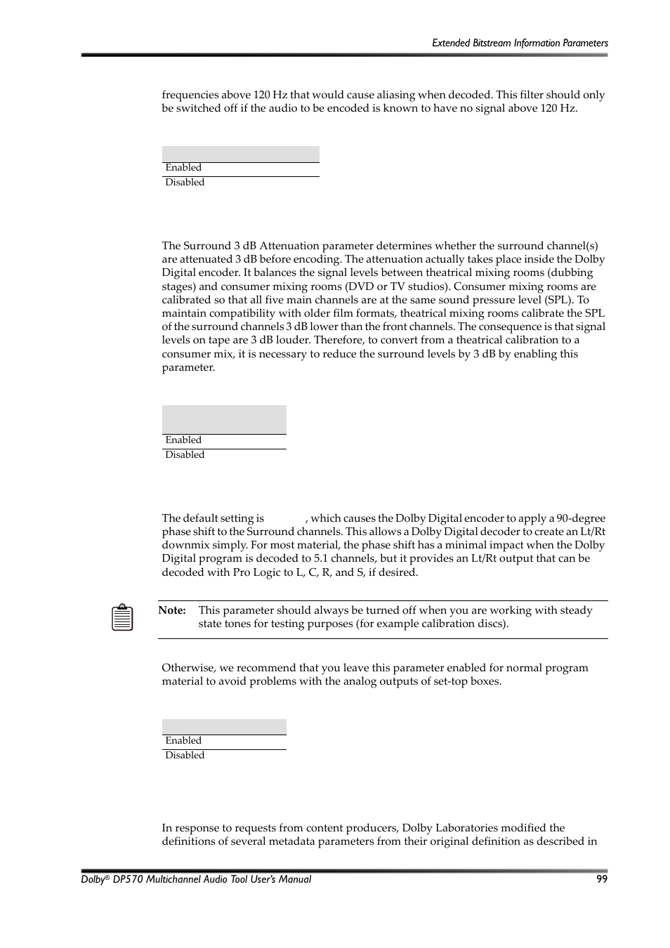 D.7 extended bitstream information parameters, Table d-18, Lfe lowpass filter settings | Table d-19, Surround 3 db attenuation settings, Table d-20, Surround phase shift settings | Dolby Laboratories Multichannel Audio Tool DP570 User Manual | Page 115 / 123