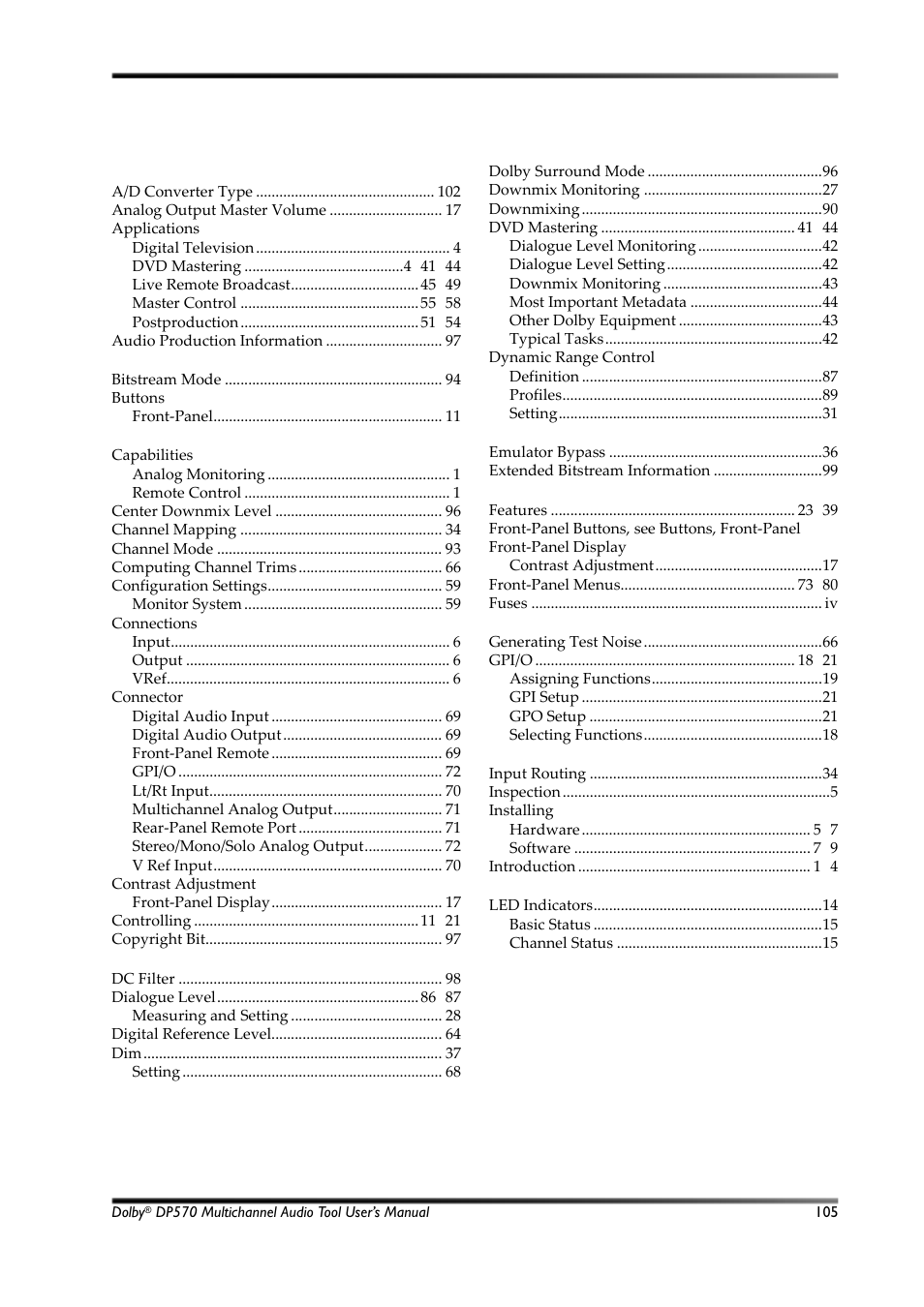 Index | Dolby Laboratories Multichannel Audio Tool DP570 User Manual | Page 121 / 123