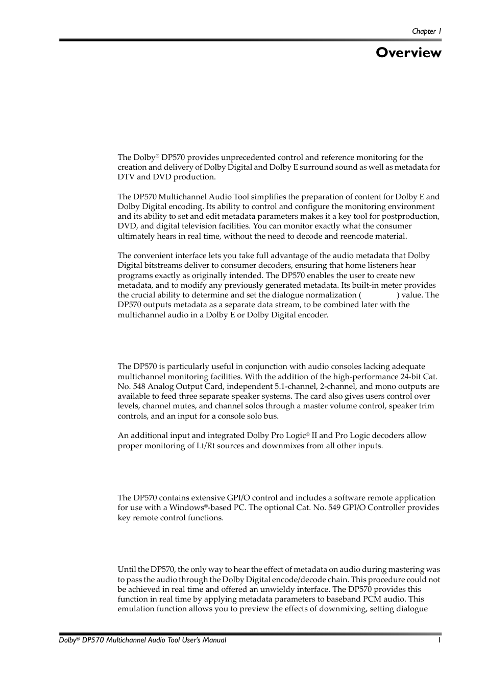 Overview, Analog monitoring capabilities, Remote control capabilities | Principles of operation, 1 analog monitoring capabilities, 2 remote control capabilities, 3 principles of operation | Dolby Laboratories Multichannel Audio Tool DP570 User Manual | Page 17 / 123