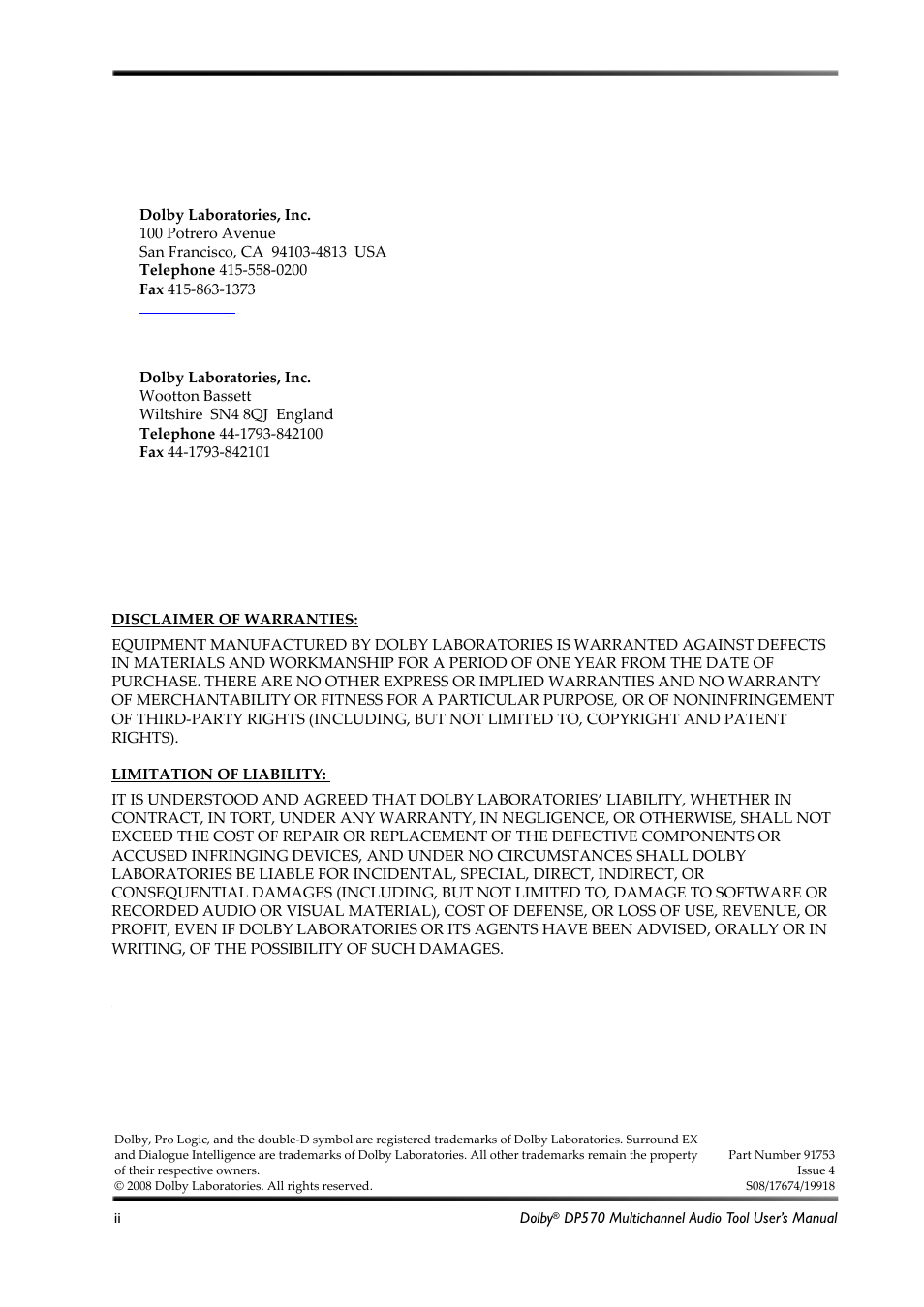 Dolby laboratories, inc, Corporate headquarters, European headquarters | Dolby Laboratories Multichannel Audio Tool DP570 User Manual | Page 2 / 123