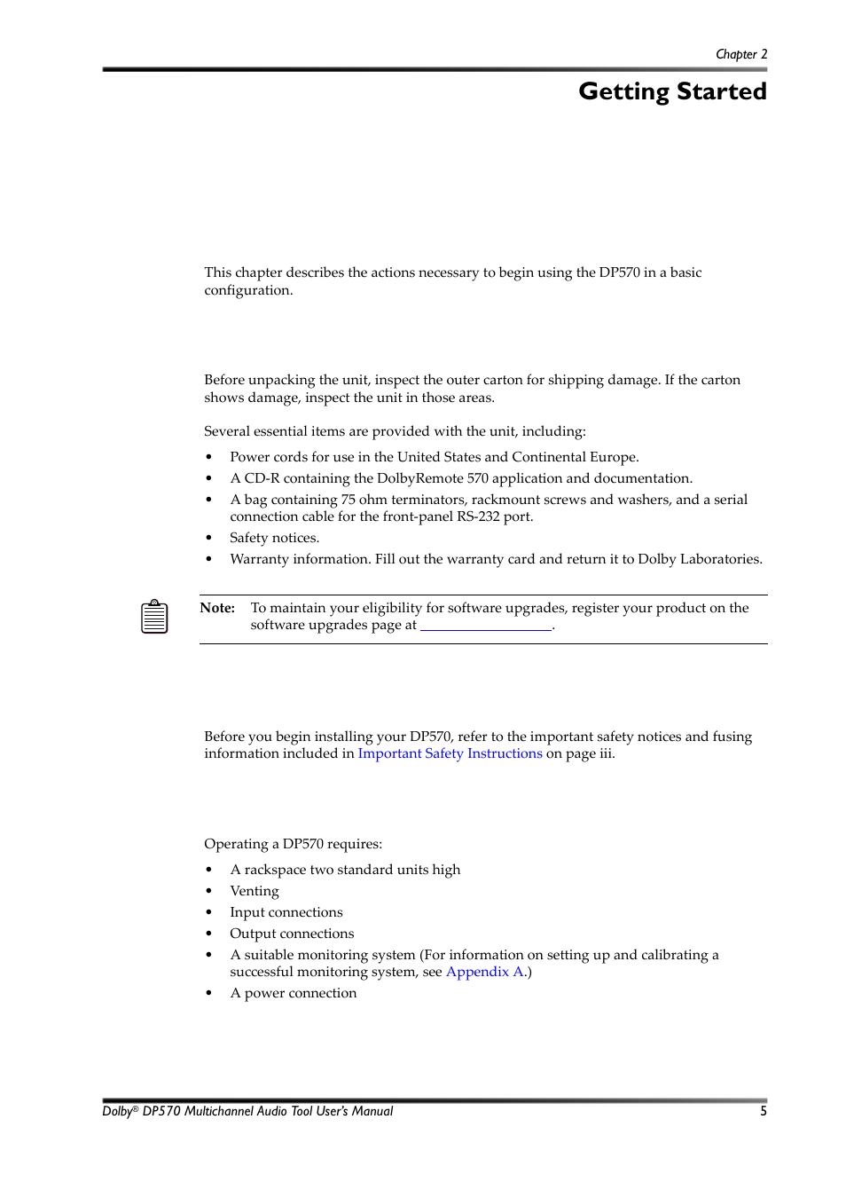 Getting started, Unpacking and inspection, Safety information | Installing the dp570, 1 unpacking and inspection, 2 safety information, 3 installing the dp570 | Dolby Laboratories Multichannel Audio Tool DP570 User Manual | Page 21 / 123