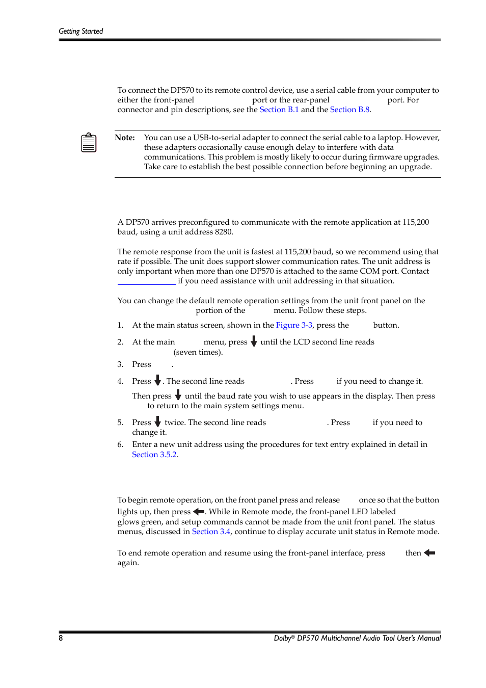 Hardware connection, Configuring the unit for remote operation, Beginning and ending remote operation | 3 hardware connection, 4 configuring the unit for remote operation, 5 beginning and ending remote operation | Dolby Laboratories Multichannel Audio Tool DP570 User Manual | Page 24 / 123