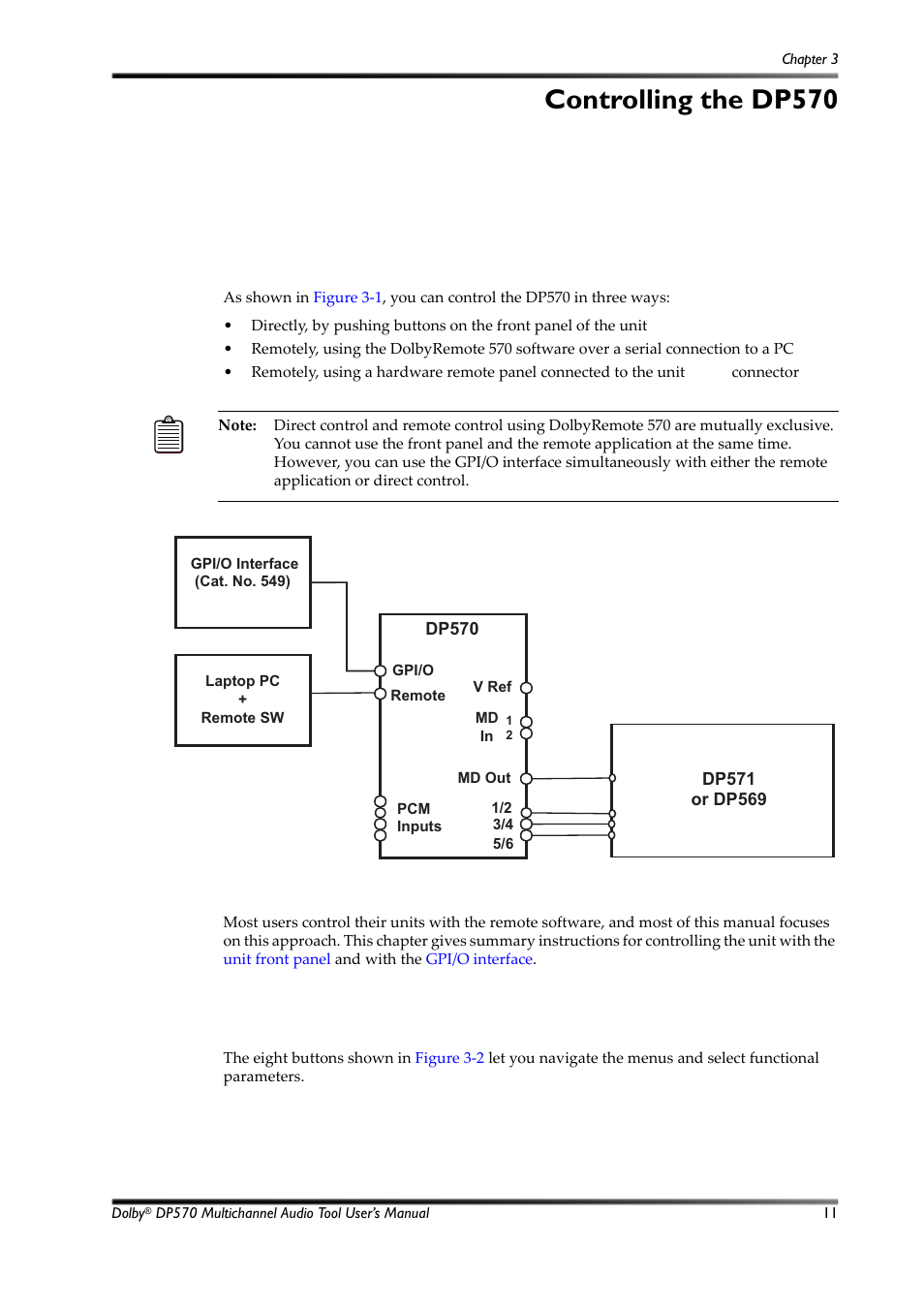 Controlling the dp570, Using the front-panel buttons, Figure 3-1 | Dp570 control options, 1 using the front-panel buttons | Dolby Laboratories Multichannel Audio Tool DP570 User Manual | Page 27 / 123