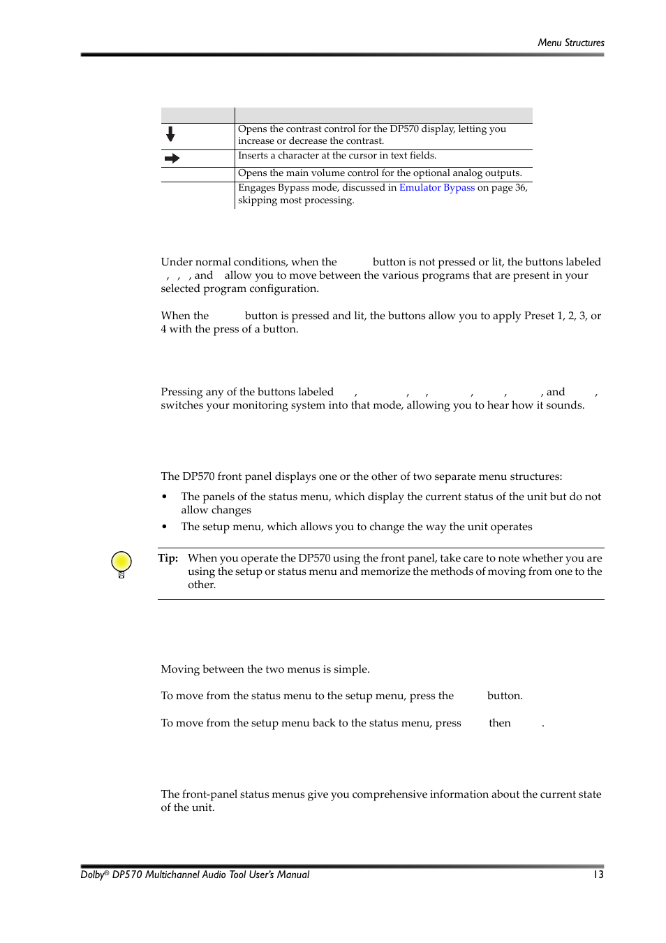 Using the program/preset buttons, Using the playback mode buttons, Menu structures | Moving between menus, Monitoring status using the front panel, Section 3.4, 2 menu structures, 3 moving between menus, 4 monitoring status using the front panel, 5 using the program/preset buttons | Dolby Laboratories Multichannel Audio Tool DP570 User Manual | Page 29 / 123