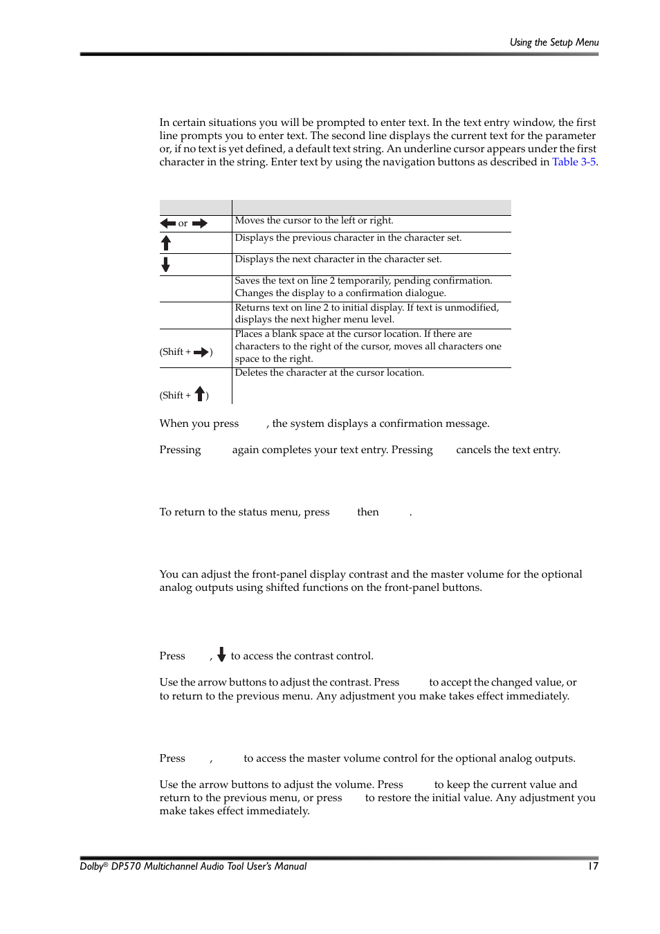 Entering text, Exiting the setup menu, Other commands | Contrast adjustment for the front-panel display, Analog output master volume, Table 3-5, Text entry commands, Section 3.5.2, 2 entering text, 3 exiting the setup menu | Dolby Laboratories Multichannel Audio Tool DP570 User Manual | Page 33 / 123