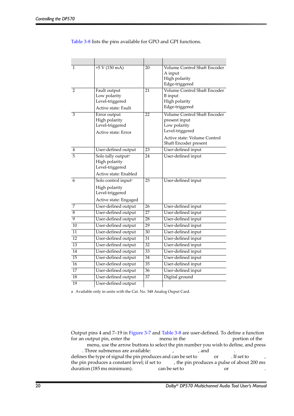 Table 3-8, Gpi/o pins available | Dolby Laboratories Multichannel Audio Tool DP570 User Manual | Page 36 / 123