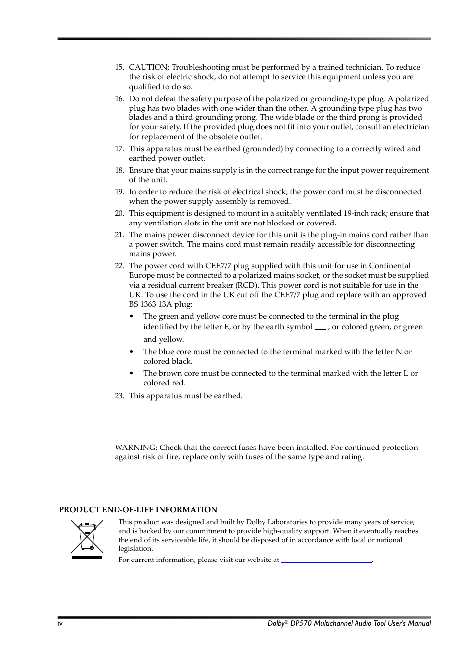 Fuses, Weee | Dolby Laboratories Multichannel Audio Tool DP570 User Manual | Page 4 / 123