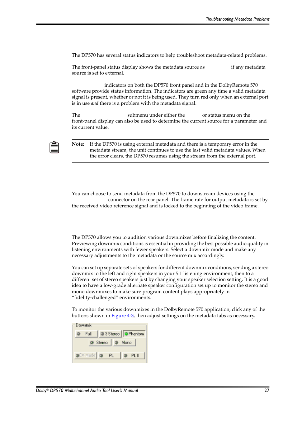 Troubleshooting metadata problems, Outputting metadata, Monitoring downmixes | Figure 4-3, Downmix options, Downmix monitoring, Figure 4‐4, 4 troubleshooting metadata problems, 5 outputting metadata, 6 monitoring downmixes | Dolby Laboratories Multichannel Audio Tool DP570 User Manual | Page 43 / 123