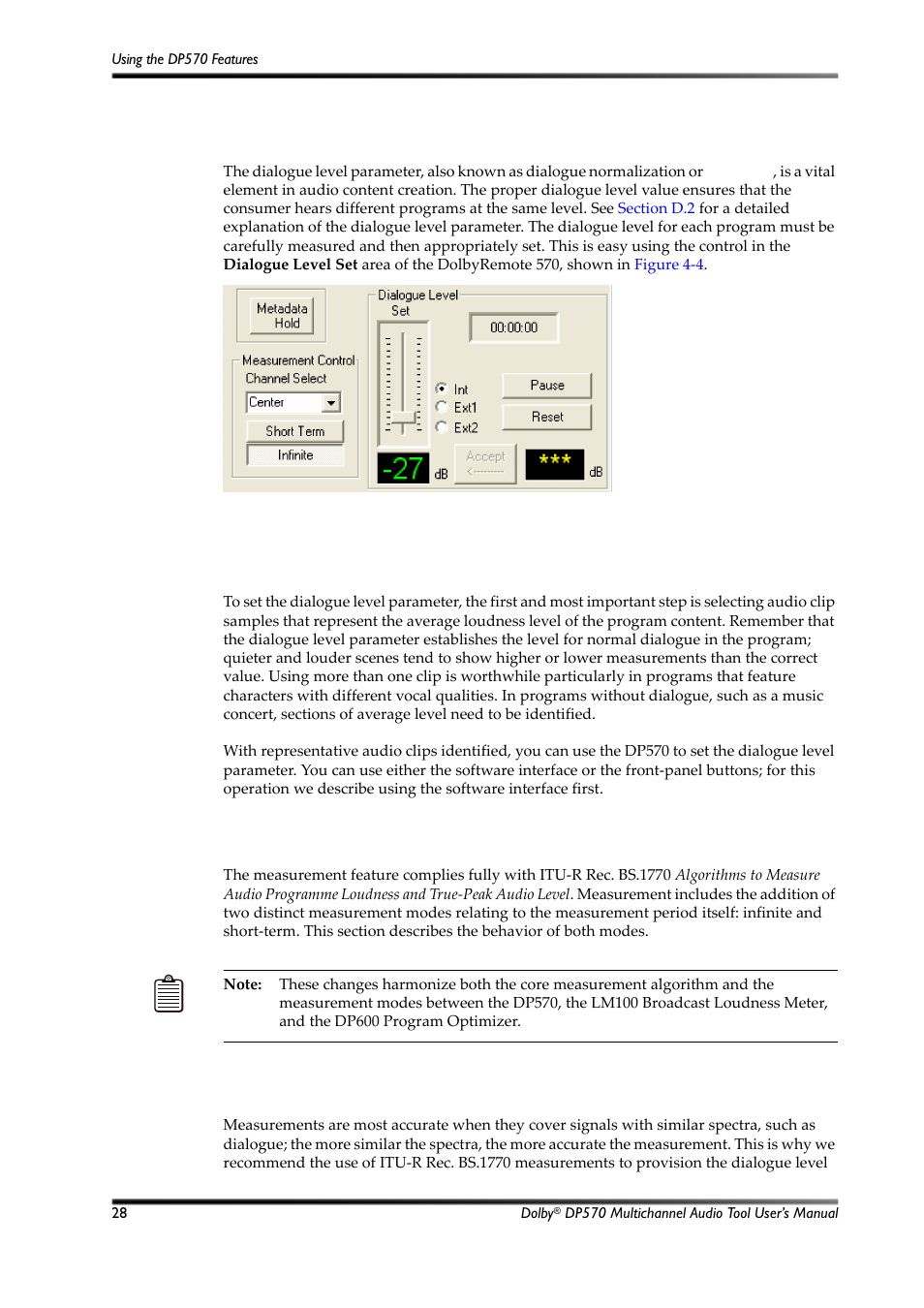 Measuring and setting the dialogue level, Measuring the average loudness of identified clips, Figure 4-4 | Measurement control options, Section 4.7, Dialogue level, 7 measuring and setting the dialogue level | Dolby Laboratories Multichannel Audio Tool DP570 User Manual | Page 44 / 123