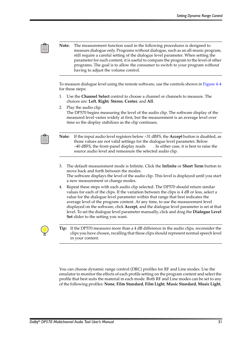 Setting dynamic range control, Dynamic range control, 8 setting dynamic range control | Dolby Laboratories Multichannel Audio Tool DP570 User Manual | Page 47 / 123