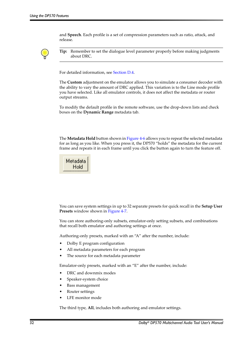 Holding metadata, User presets, Figure 4-6 | Metadata hold button, 9 holding metadata, 10 user presets | Dolby Laboratories Multichannel Audio Tool DP570 User Manual | Page 48 / 123