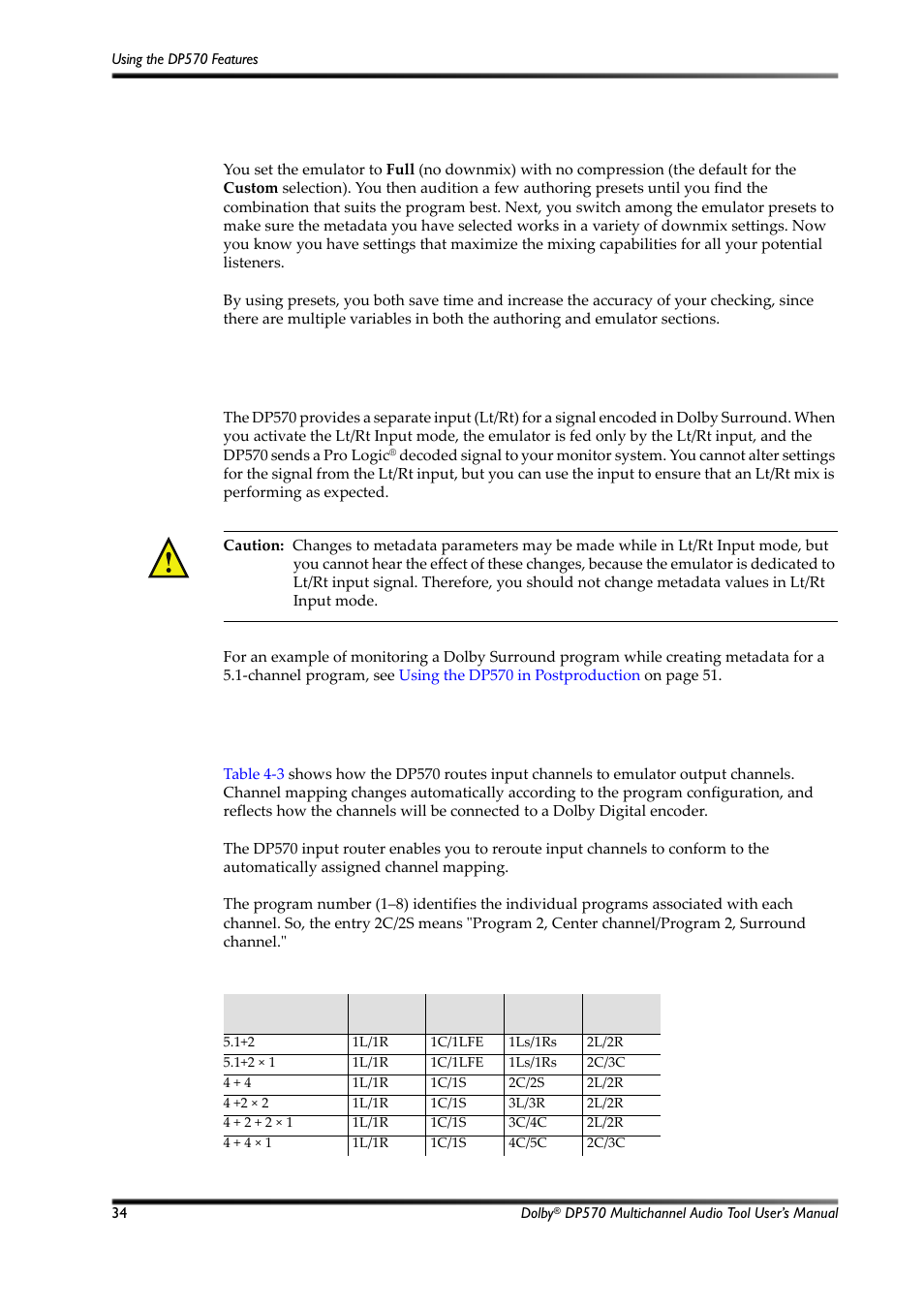 Using lt/rt input mode, Channel mapping and input routing, Table 4-3 | Input channel routings, Section 4.12, 11 using lt/rt input mode, 12 channel mapping and input routing | Dolby Laboratories Multichannel Audio Tool DP570 User Manual | Page 50 / 123