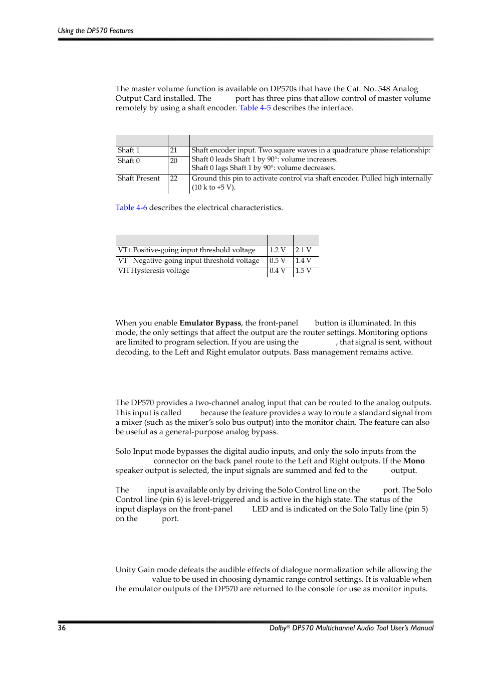 Emulator bypass, Solo input mode, Unity gain mode | Table 4-5, Shaft decoder signal descriptions, Table 4-6, Shaft decoder signal electrical characteristics, 14 emulator bypass, 15 solo input mode, 16 unity gain mode | Dolby Laboratories Multichannel Audio Tool DP570 User Manual | Page 52 / 123