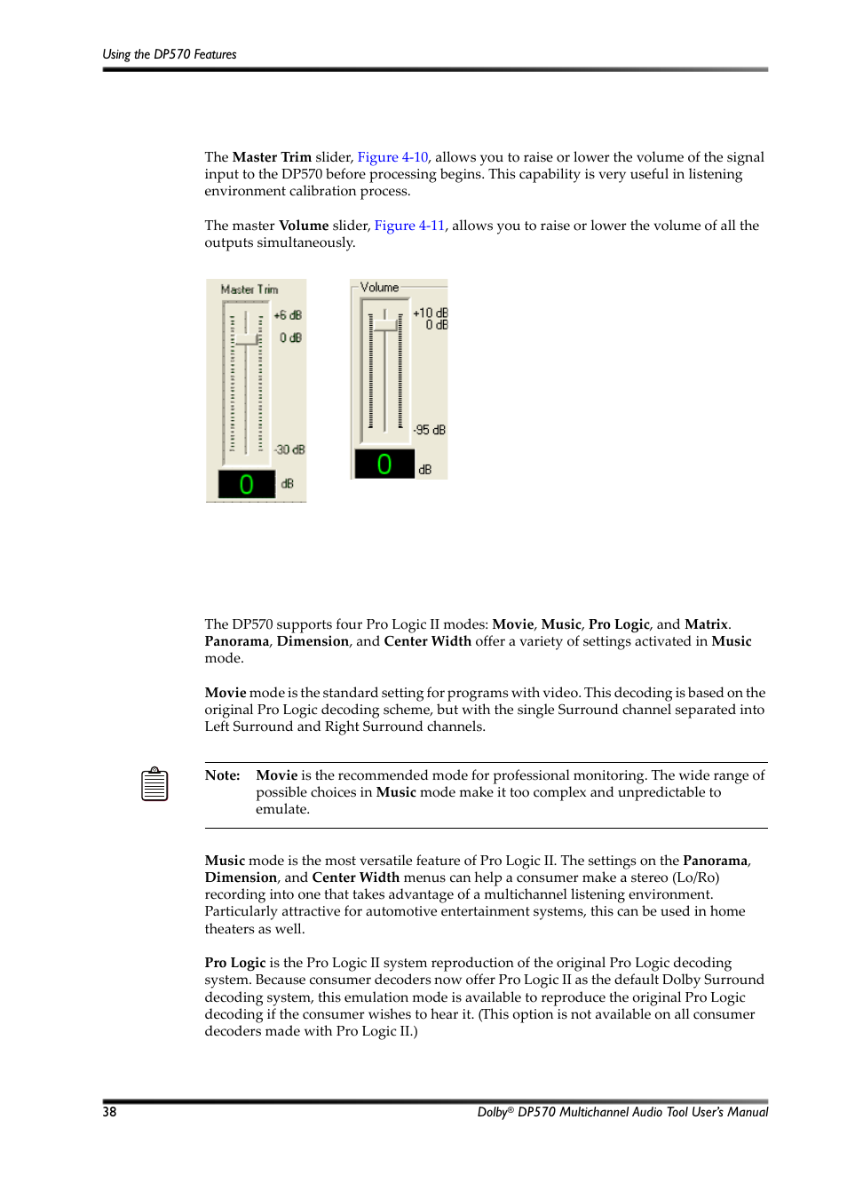 Master trim and master volume, Dolby pro logic ii support, Figure 4-10 | Master trim control, Figure 4-11, Master volume control, 20 master trim and master volume, 21 dolby pro logic ii support | Dolby Laboratories Multichannel Audio Tool DP570 User Manual | Page 54 / 123