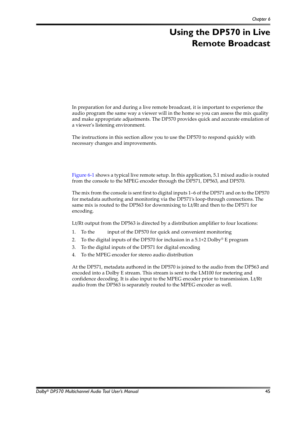 Using the dp570 in live remote broadcast, Connecting the dp570 for live remote broadcast, Chapter 6 | 1 connecting the dp570 for live remote broadcast | Dolby Laboratories Multichannel Audio Tool DP570 User Manual | Page 61 / 123