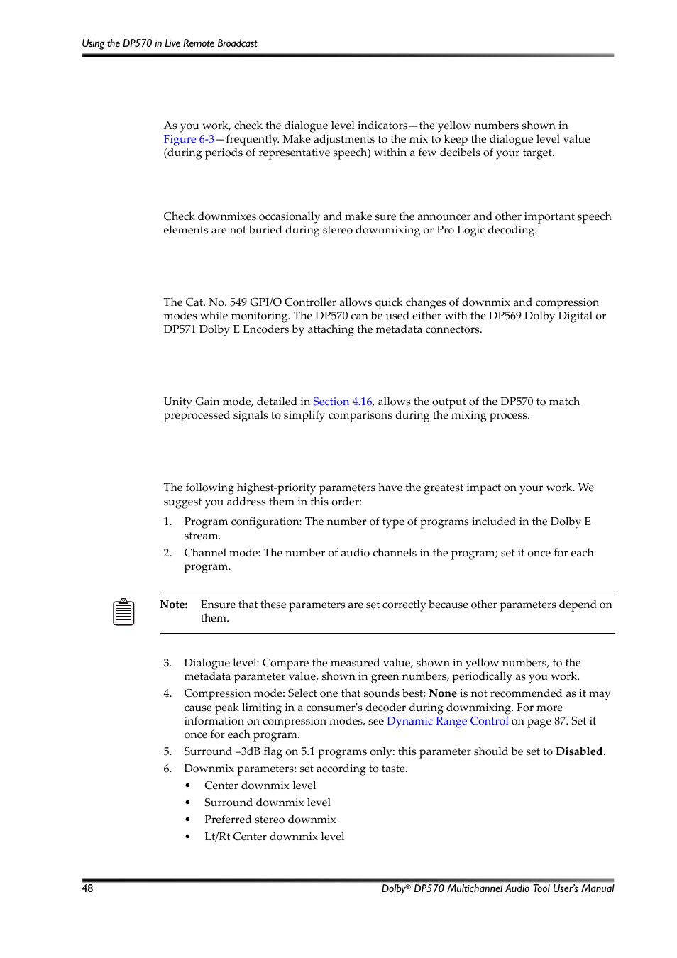 Monitoring the dialogue level, Monitoring downmixes, Using the dp570 with other dolby equipment | Using unity gain mode, Monitoring metadata, 3 using the dp570 with other dolby equipment, 4 using unity gain mode, 5 monitoring metadata | Dolby Laboratories Multichannel Audio Tool DP570 User Manual | Page 64 / 123