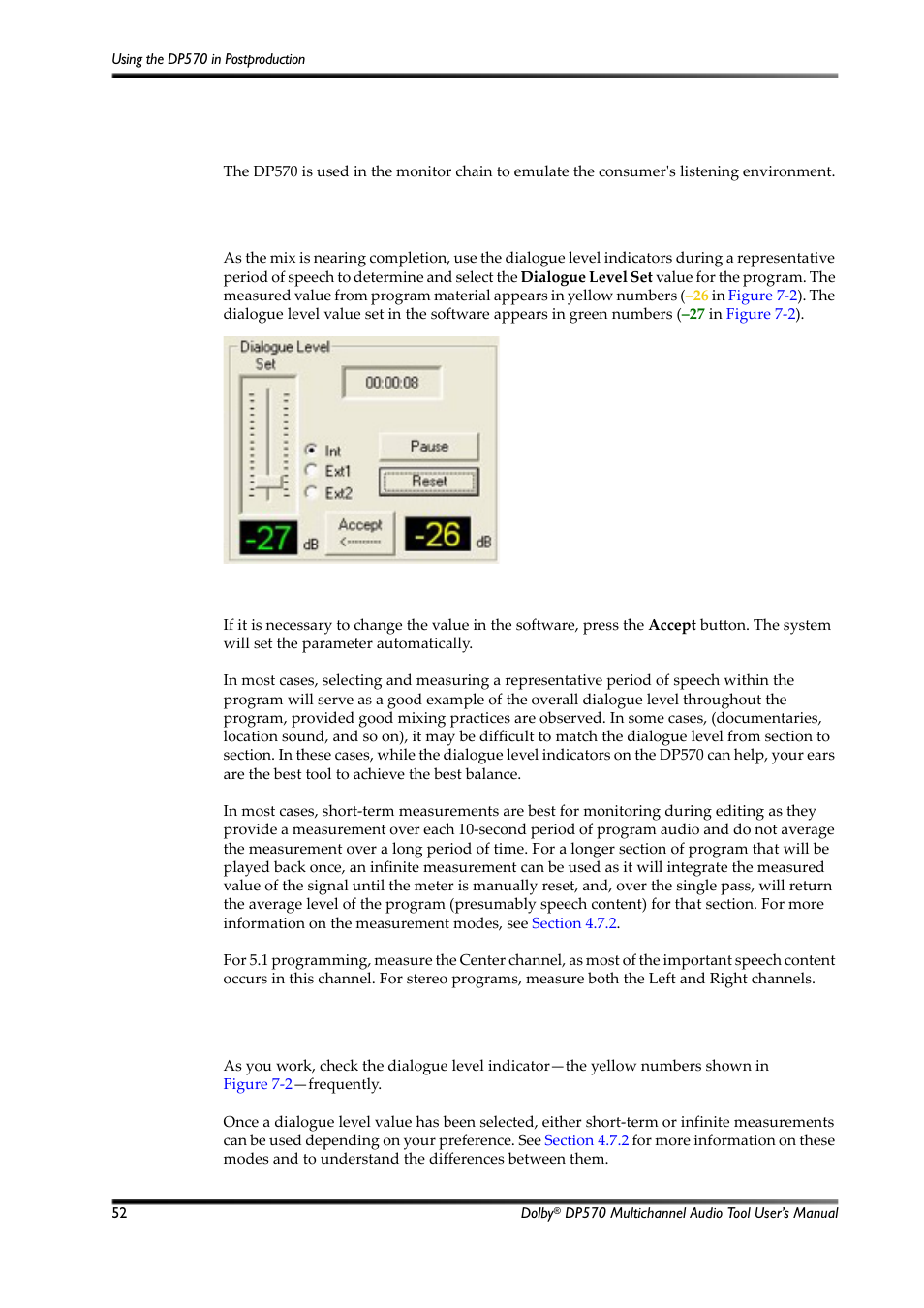 Typical tasks, Measuring dialogue level, Monitoring the dialogue level | Figure 7-2, Dialogue level controls, 2 typical tasks, 1 measuring dialogue level, 2 monitoring the dialogue level | Dolby Laboratories Multichannel Audio Tool DP570 User Manual | Page 68 / 123