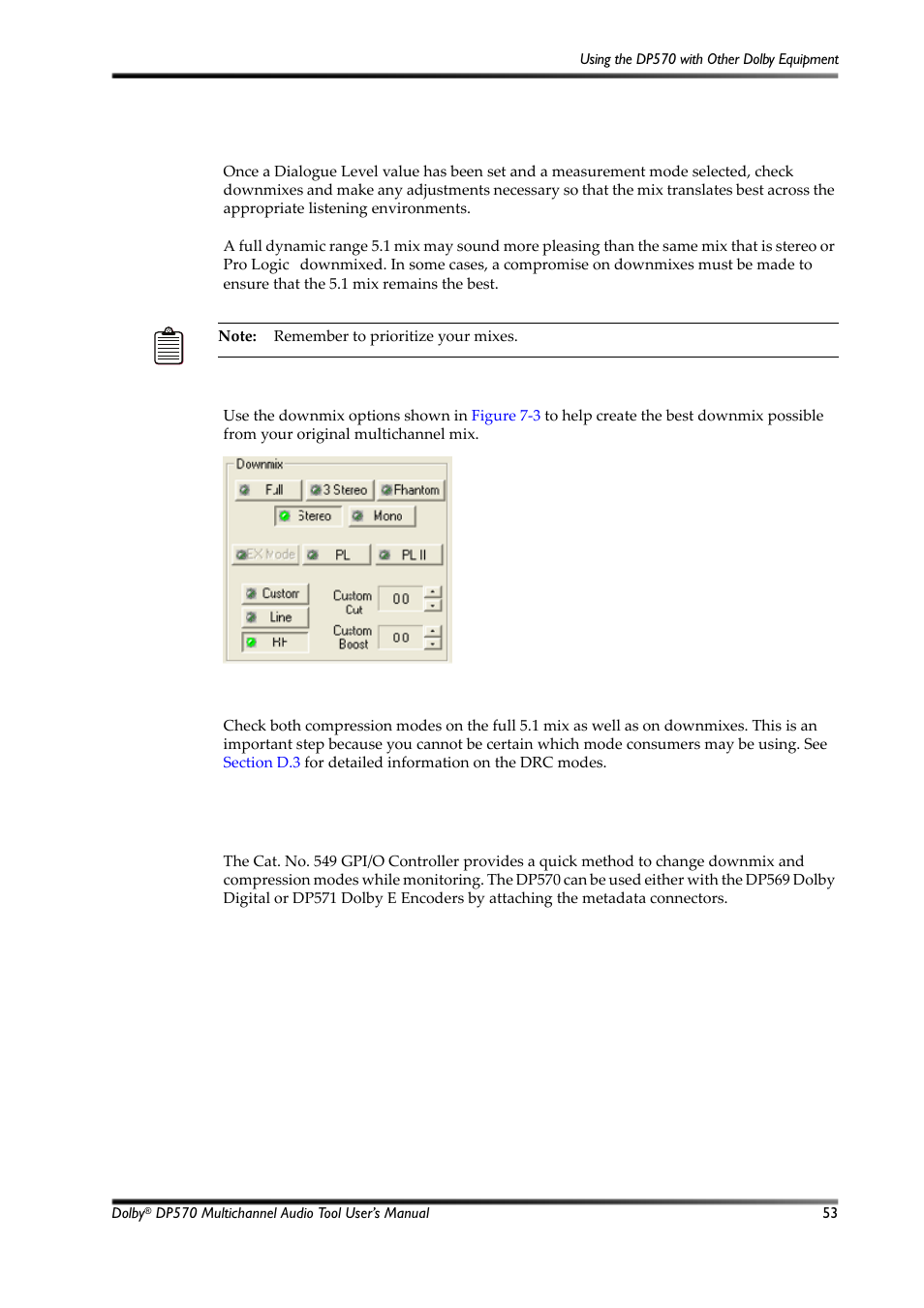 Monitoring downmixes, Using the dp570 with other dolby equipment, Figure 7-3 | Typical options for monitoring downmixes, 3 using the dp570 with other dolby equipment, 3 monitoring downmixes | Dolby Laboratories Multichannel Audio Tool DP570 User Manual | Page 69 / 123