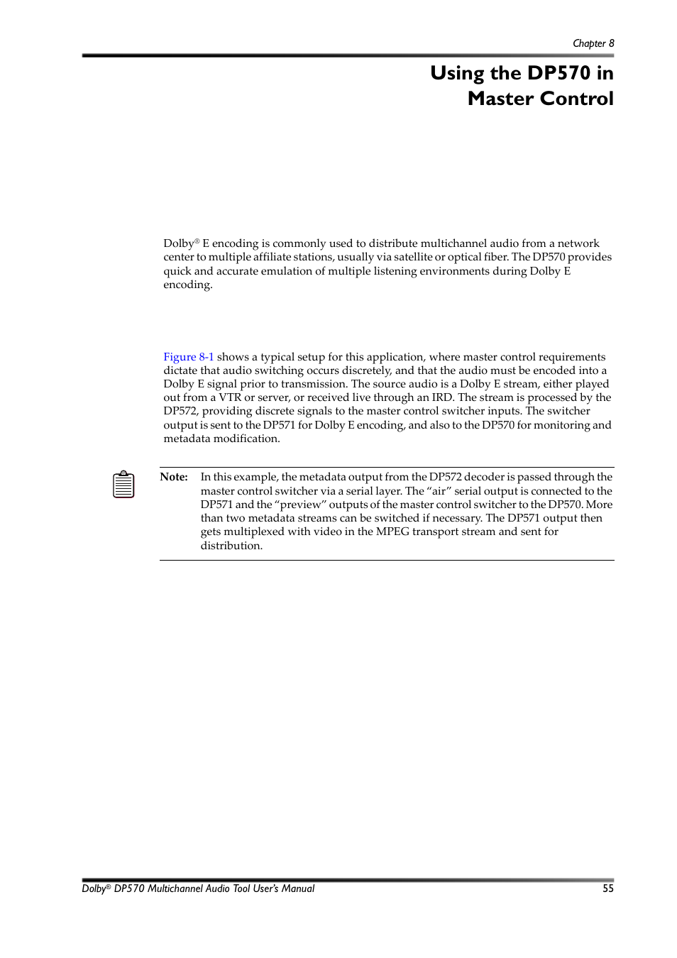 Using the dp570 in master control, Connecting the dp570, Chapter 8 | 1 connecting the dp570 | Dolby Laboratories Multichannel Audio Tool DP570 User Manual | Page 71 / 123